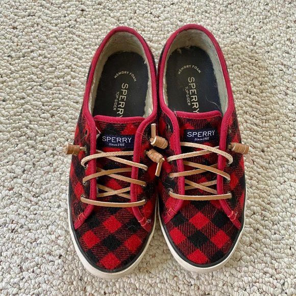 Sperry Shoes - Sperry red & black buffalo plaid fleece lined slip-on shoes, women's size 6.5